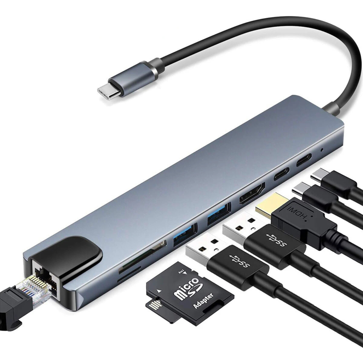 8 in 1 USB C Hub HDMI Multiport Dongle Adapter Fast Data Charging Ports