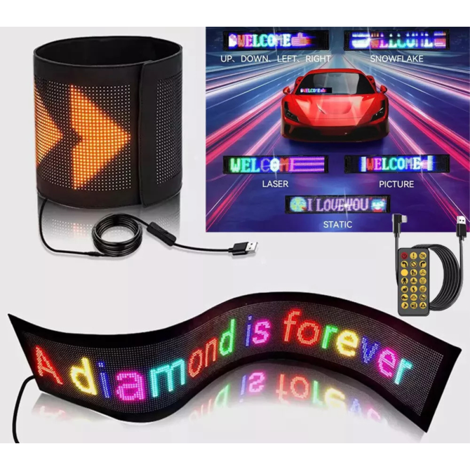 Matrix Panel Screen Scrolling LED Sign Display APP Control Light Shop Car 9x37cm