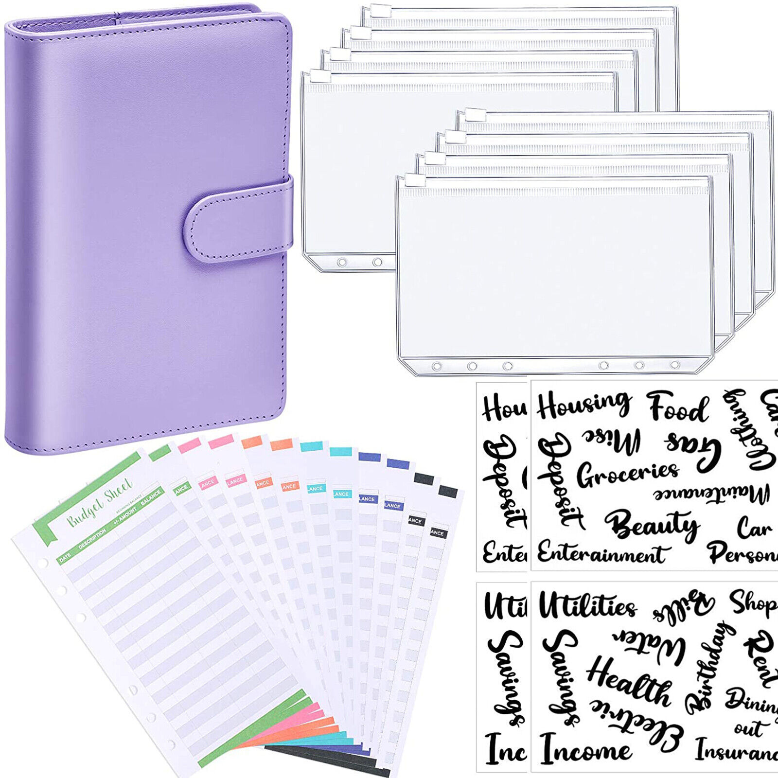 Purple Notebook Binder Budget Planner PU Leather Organizer Cover Cash Pockets