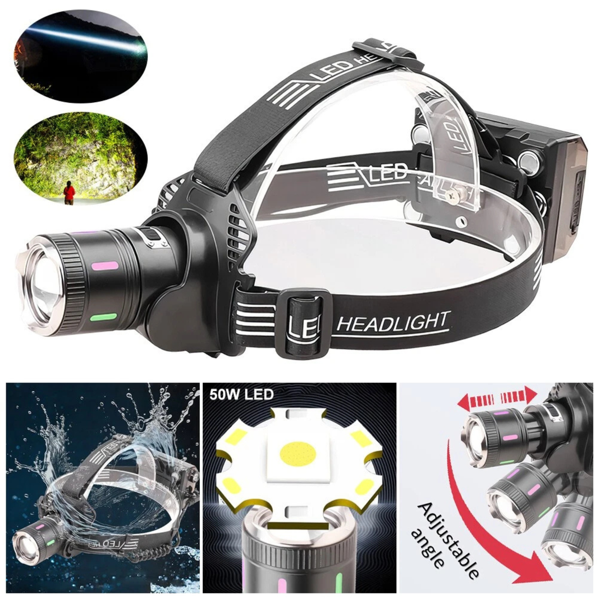 Rechargeable LED Headlamp USB-C Sensor Zoomable 50W Head Torch Light
