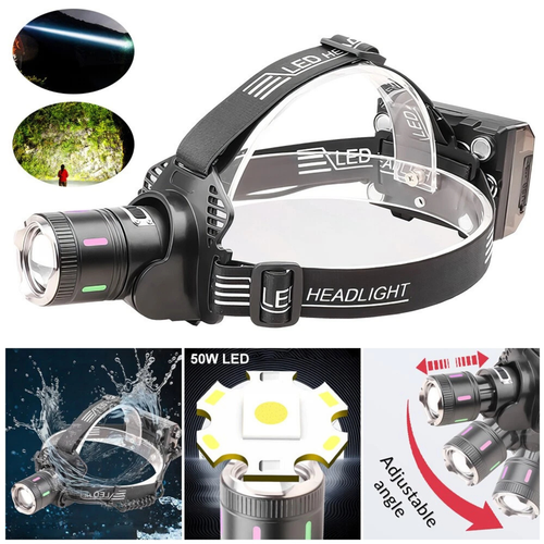 Rechargeable LED Headlamp USB-C Sensor Zoomable 50W Head Torch Light