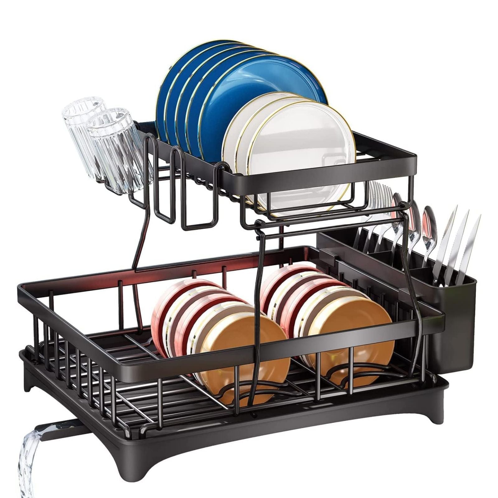 Drying Rack with Cup Holder Foldable Dish Drainer Kitchen Cutlery Tray Organizer