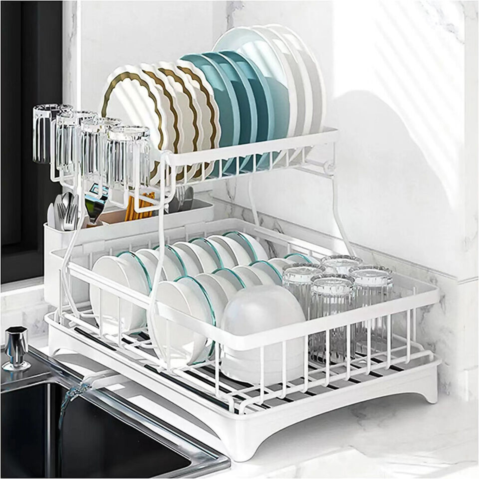 Kitchen Organiser Foldable Dish Drainer Drying Rack with Cup Holder White