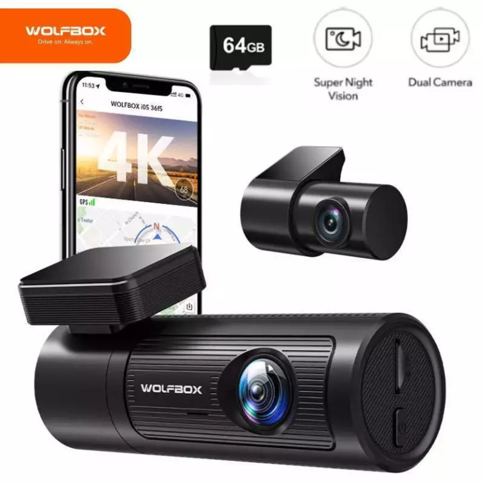 GPS WiFi UHD 2160P/1600P Car Monitor WOLFBOX Dash Cam Front and Rear 4K