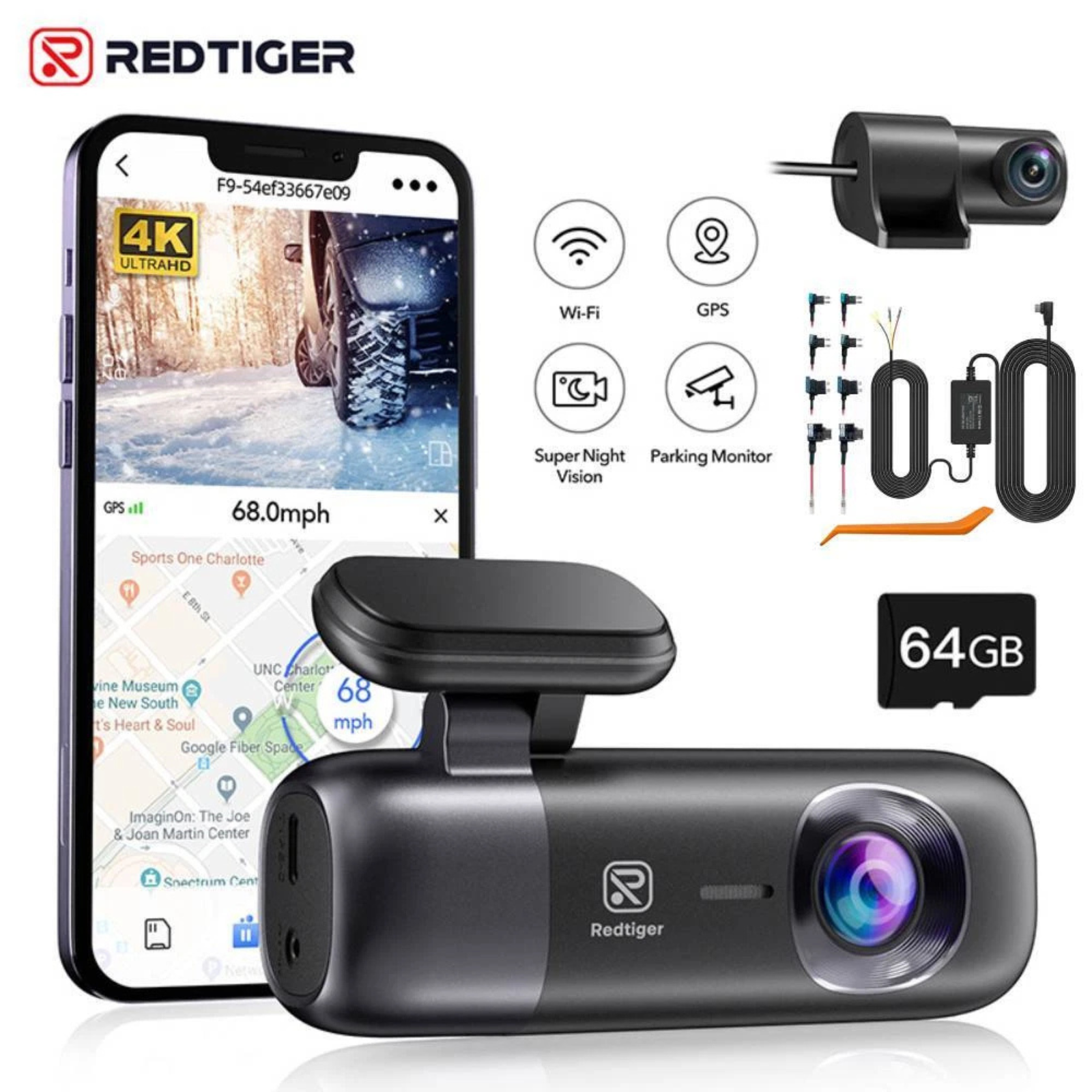 Rear Dash Camera WiFi GPS with Hardwire Kit REDTIGER Dash Cam 4K Front