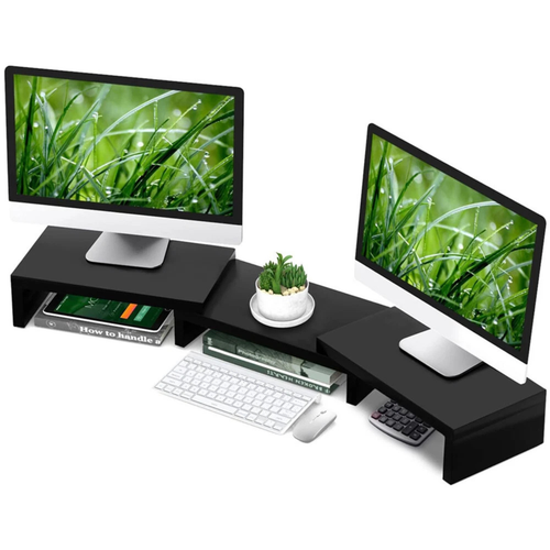 Stand Dual Monitor Riser Shelf Computer Black Ergonomic Desktop Organiser Black