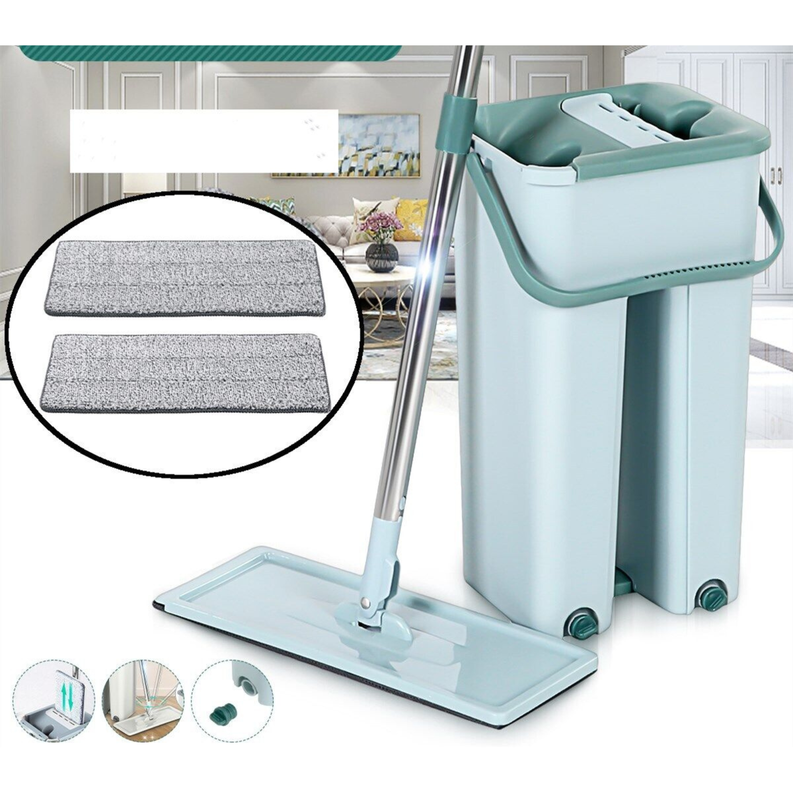 2 Mop Heads Pads Stainless Steel Mop And Bucket 360°Rotating Spin Mop Easy Clean
