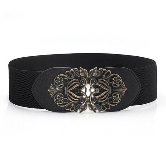 Retro Totem Wide Waistband Stretch Belt for Women Black