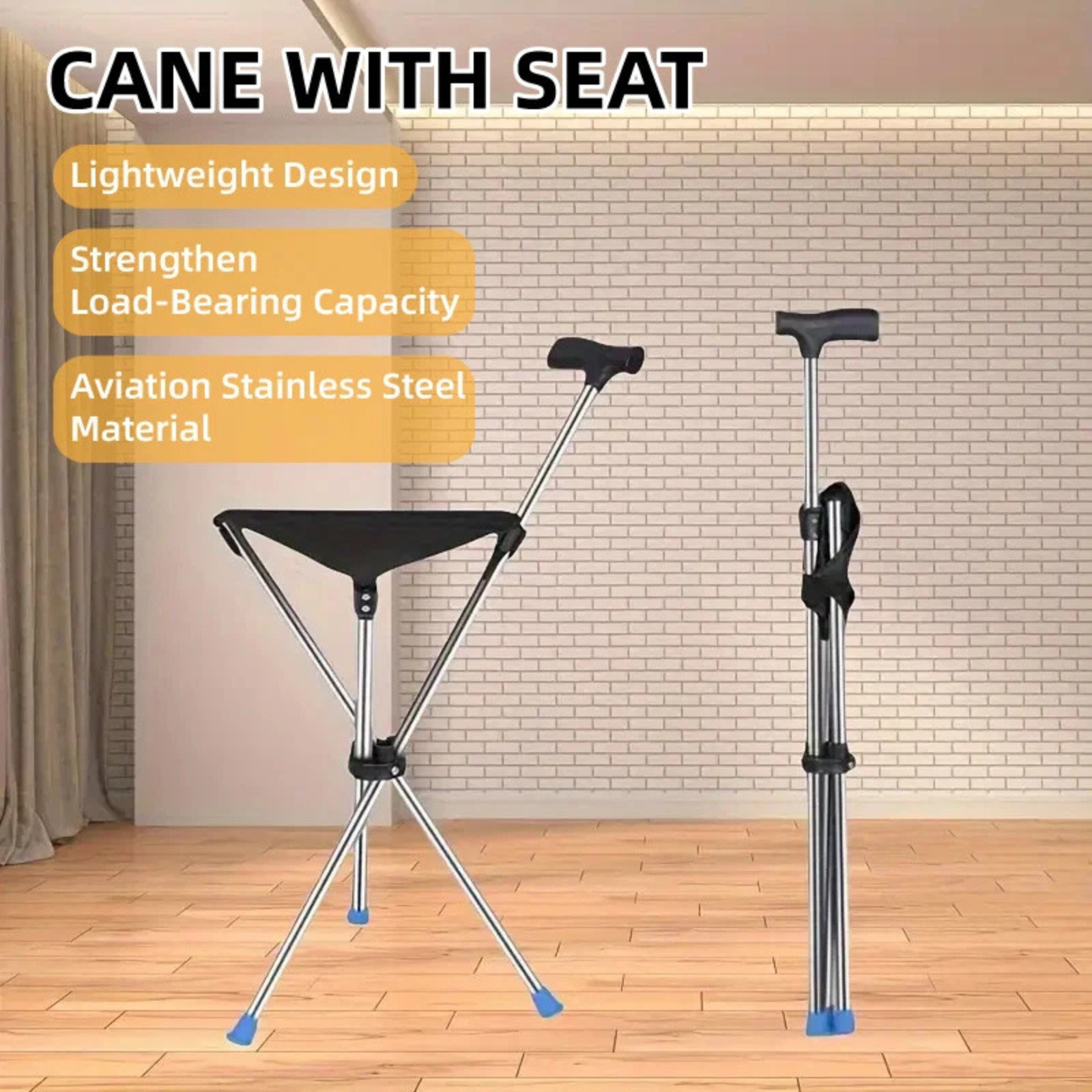 Stainless Steel Walking Stick with Seat Foldable Mobility Safety Aid