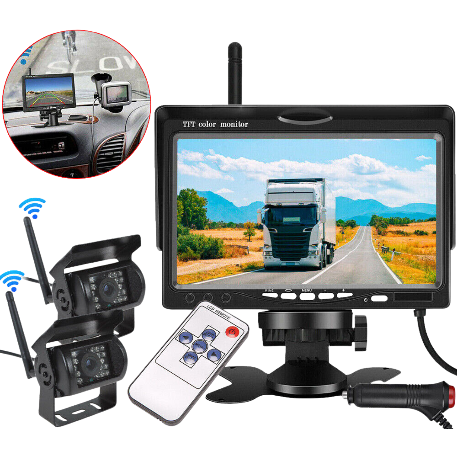 LCD Monitor+Reverse Camera 7" Wireless Rear View Kit HD For Truck Caravan RV VAN
