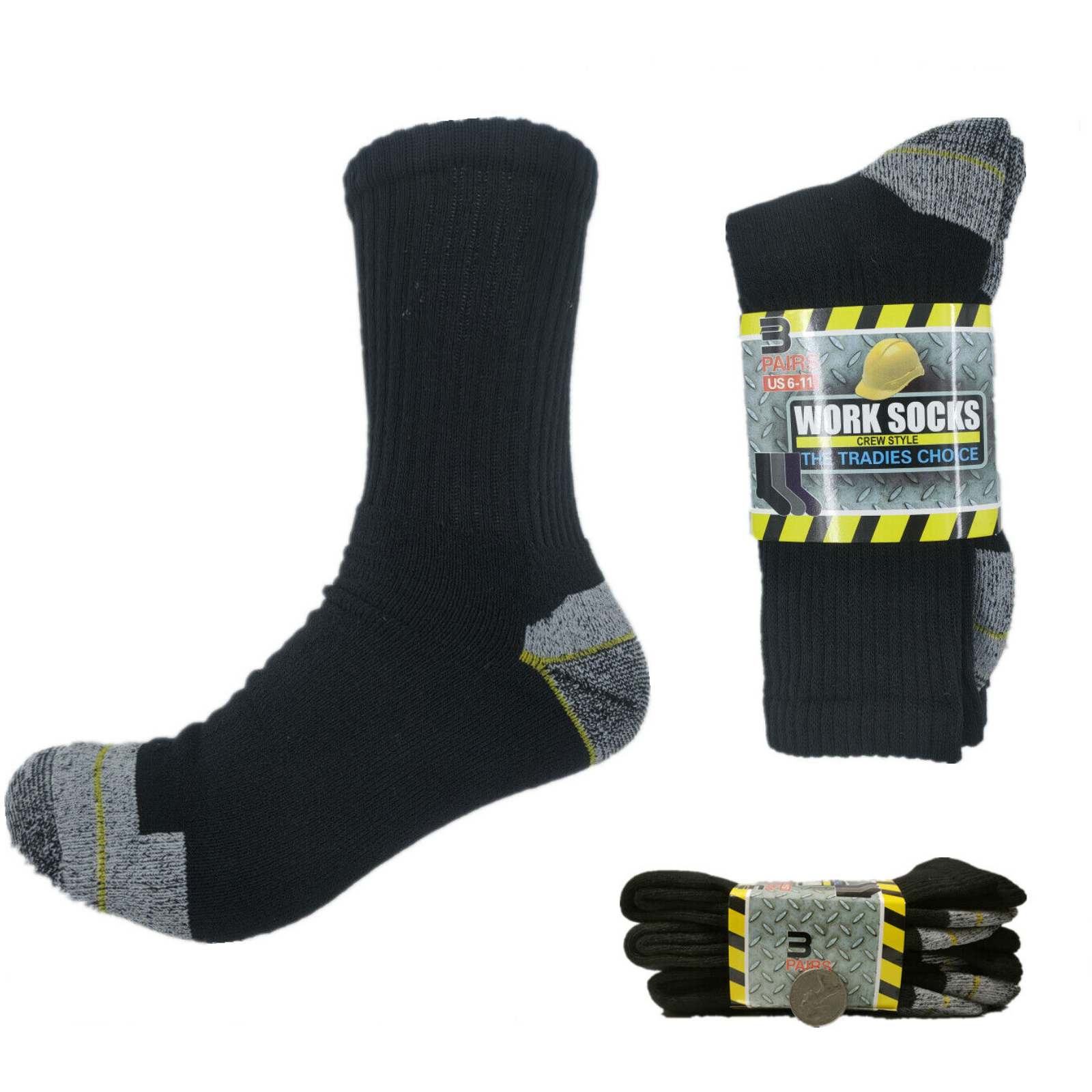 Heavy Duty Boot Cushion Black Grey 6 Pairs Men Thick Cotton Work Socks