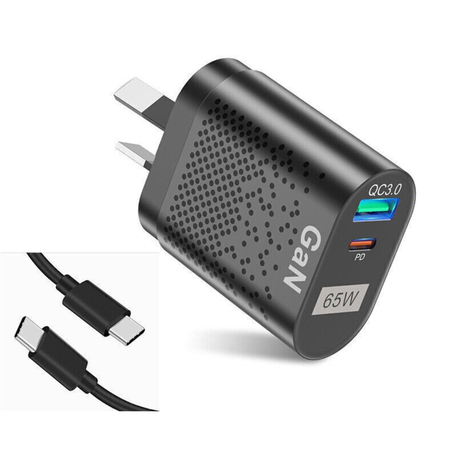 Fast Charging Universal Adapter 65W GaN Charger Type C PD USB-C USB QC 3.0 Black
