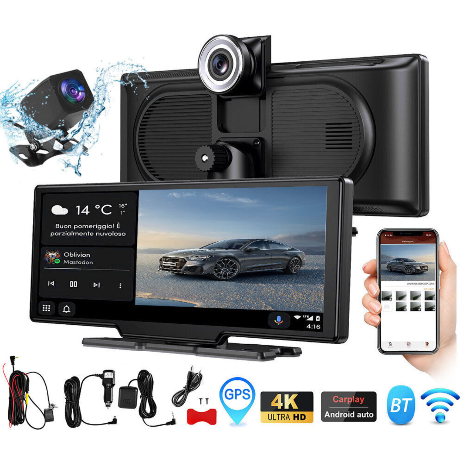 Car Play Video Recorder Touch Screen 4K 10.26" Dual Dash Camera UHD 4K WIFI GPS