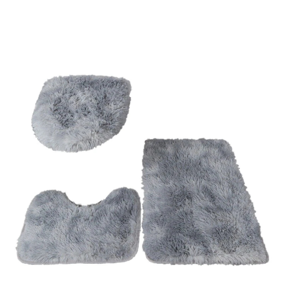 Grey Fluffy Bathroom Mat Set 3x Anti Slip Washable Floor Rugs