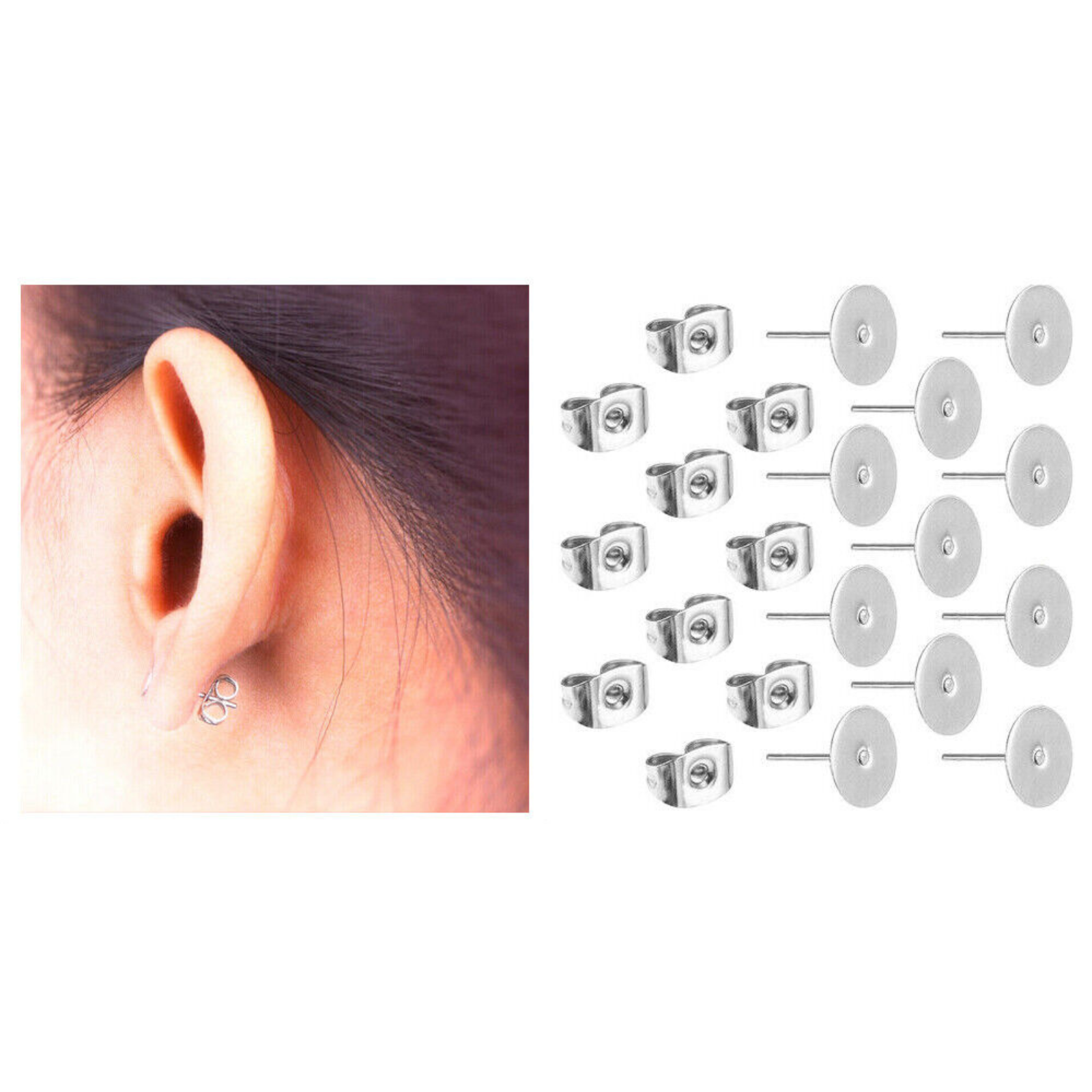 Silvery Surgical Steel Earring Stud Posts Pads+Nut Backs DIY Craft