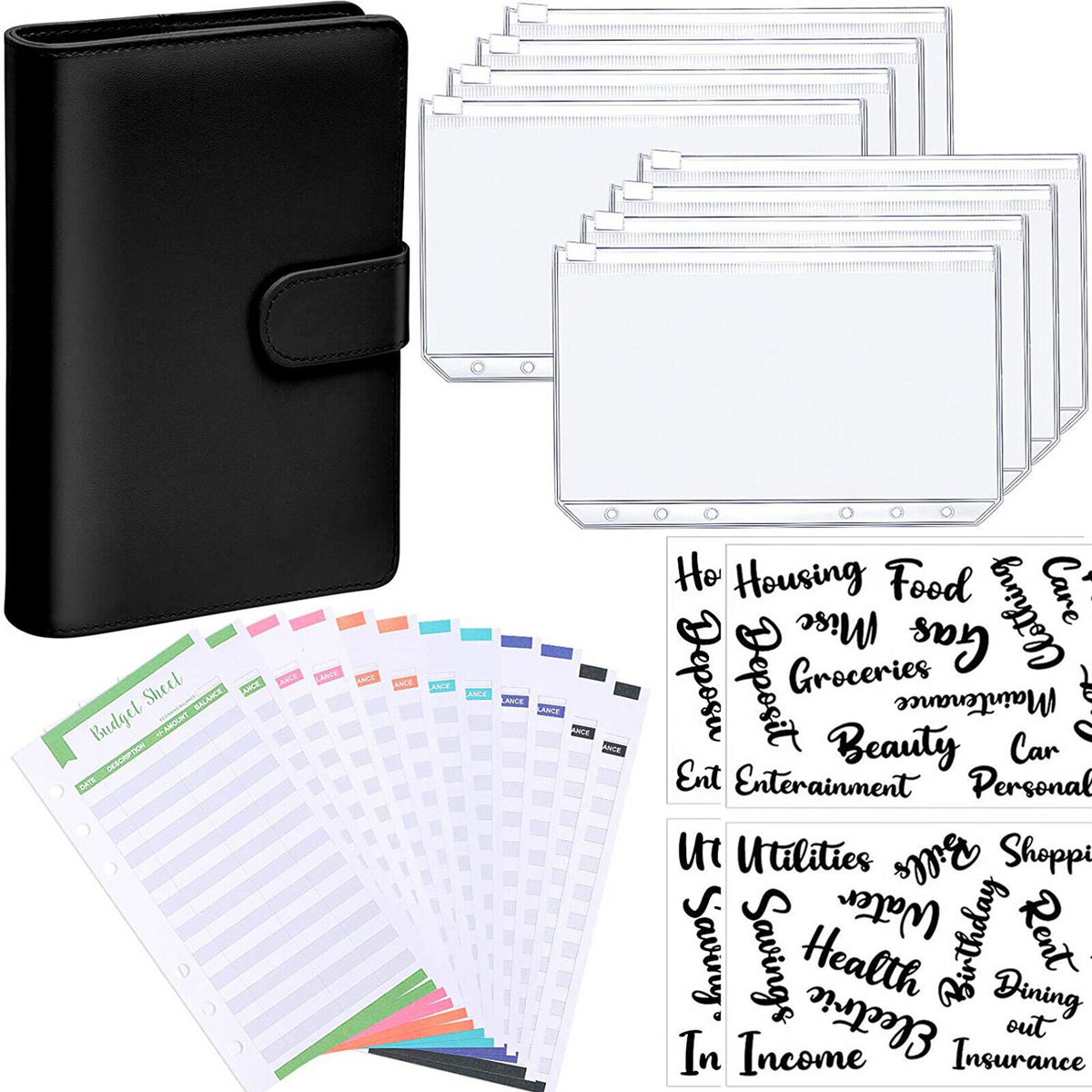 Black Notebook Binder Budget Planner PU Leather Organizer Cover Cash Pockets