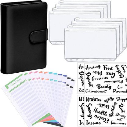 Black Notebook Binder Budget Planner PU Leather Organizer Cover Cash Pockets