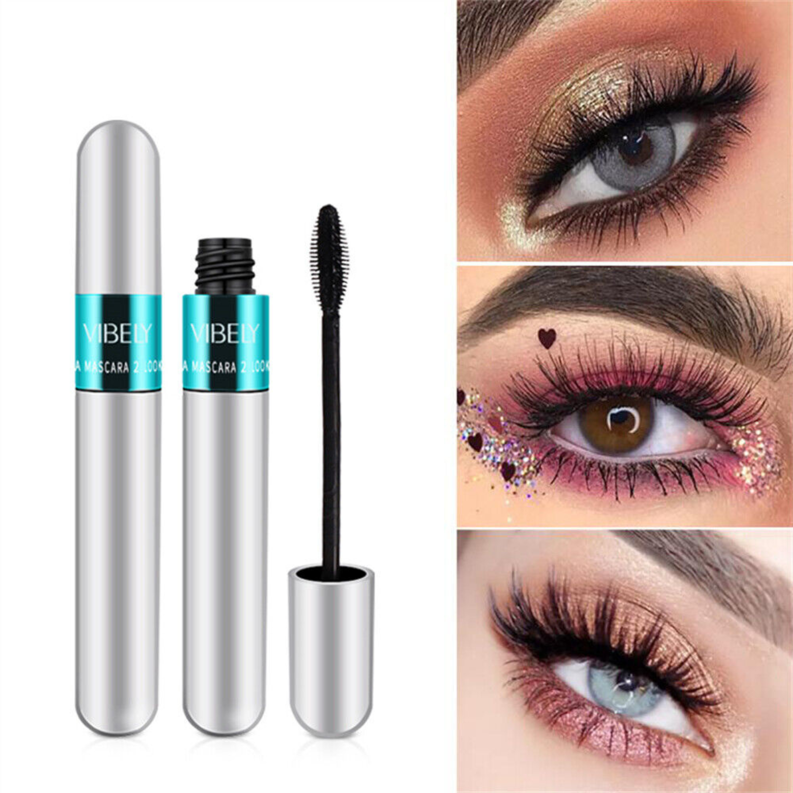 Mascara Makeup Cosmetic Silver Tube VIBELY 4D Thick Long Waterproof Silk Fiber