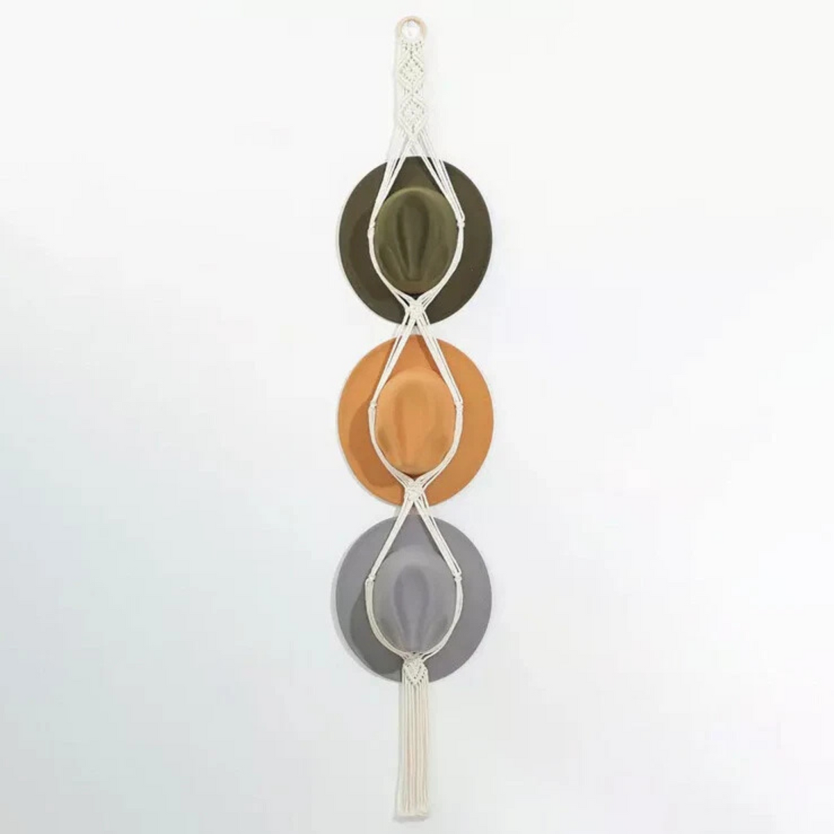 Boho Hand-Woven Macrame Hat Hanger Holds 3 Hats, Rustic Wall Decor