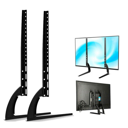 A black pedestal TV stand with adjustable legs, shown in different positions to accommodate various screen sizes, and a TV set placed on top of the stand.