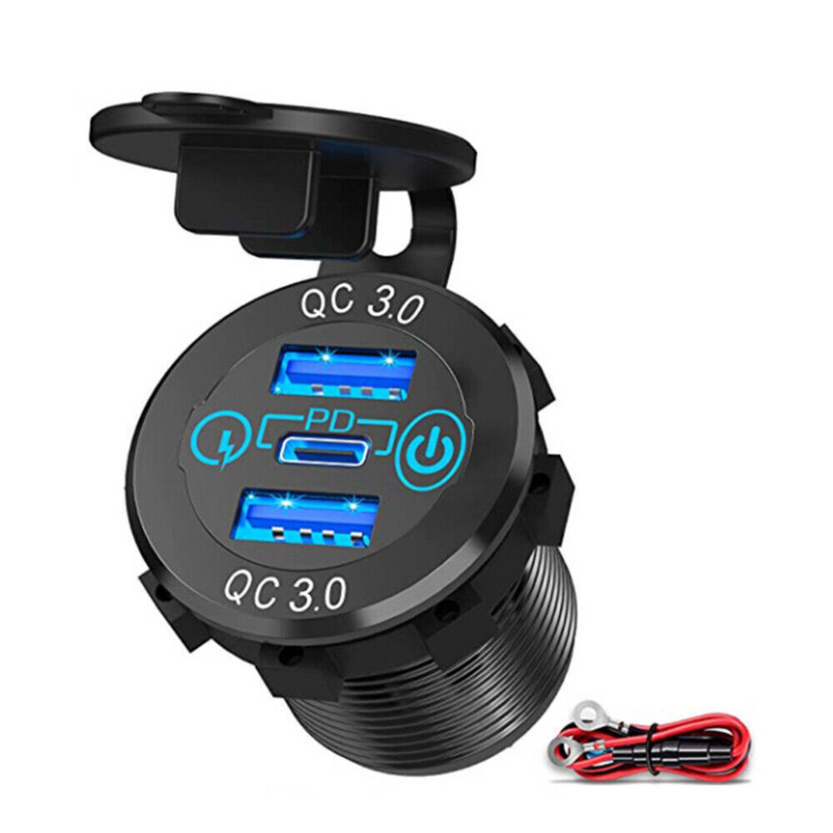 QC 3.0 Charger 12V 24V Power Outlet Socket PD Type C Dual USB Car Charger Blue