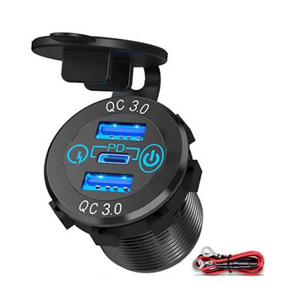 QC 3.0 Charger 12V 24V Power Outlet Socket PD Type C Dual USB Car Charger Blue