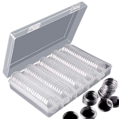 100pcs Clear Plastic Round Coin Storage Box Case Capsules Holder