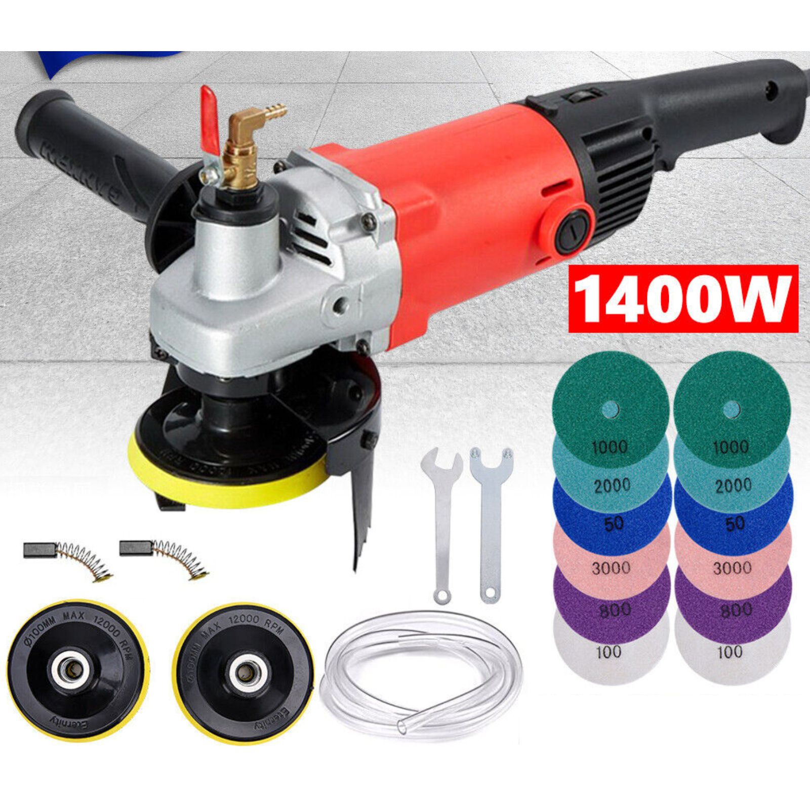 Concrete Stone Wet Polishing Kit 6-Speed 1400W Polisher With 12X Diamond Pads