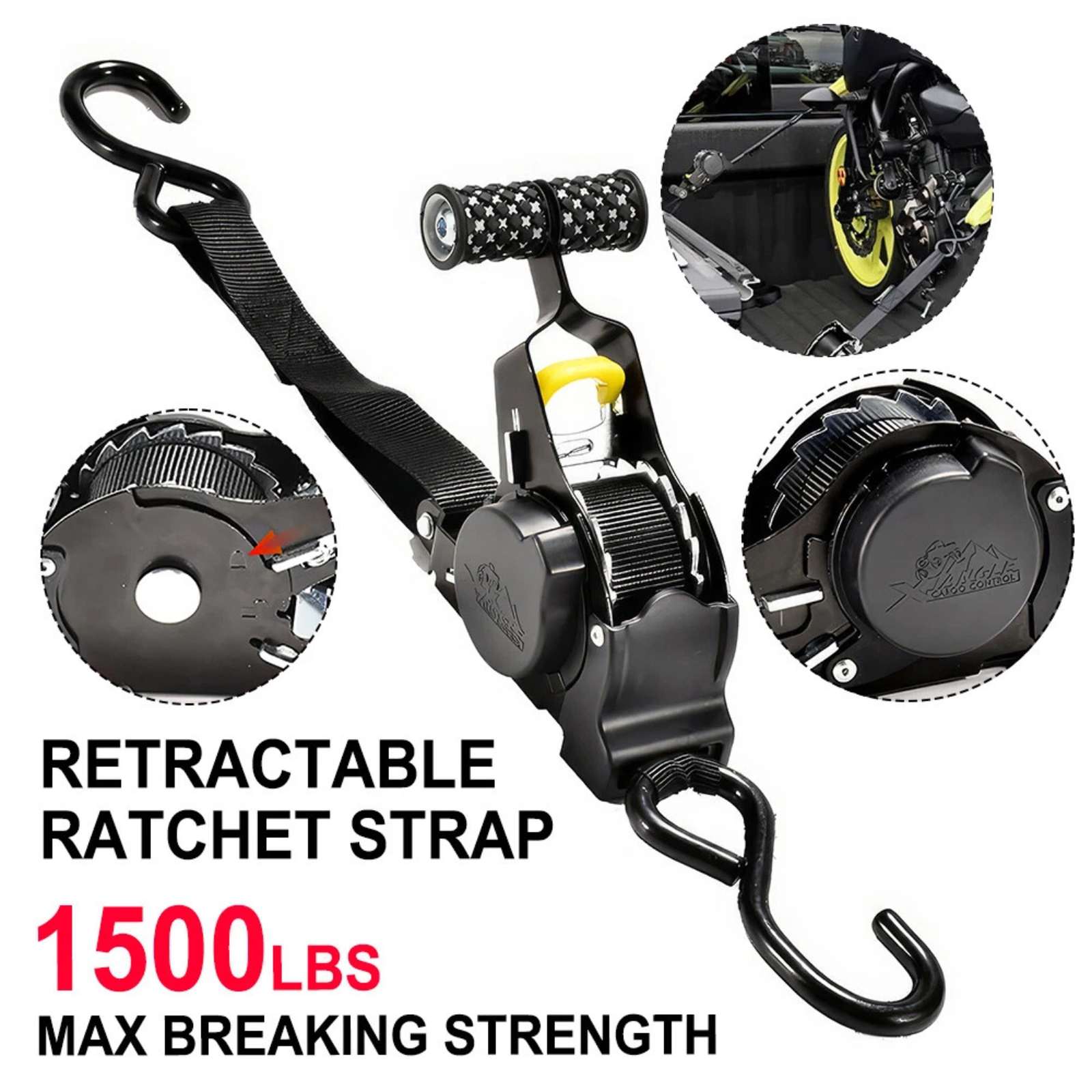 1500 pound maximum break strength retractable ratchet tie down
