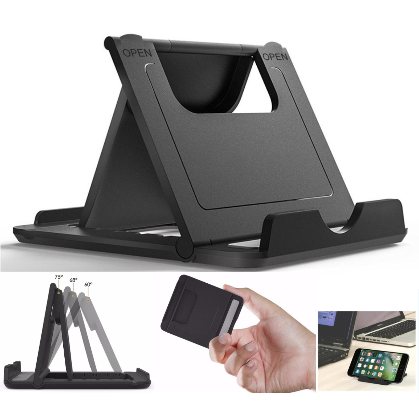 Foldable 360° Universal Desk Mount Phone Stand Black Cradle Holder Tablet