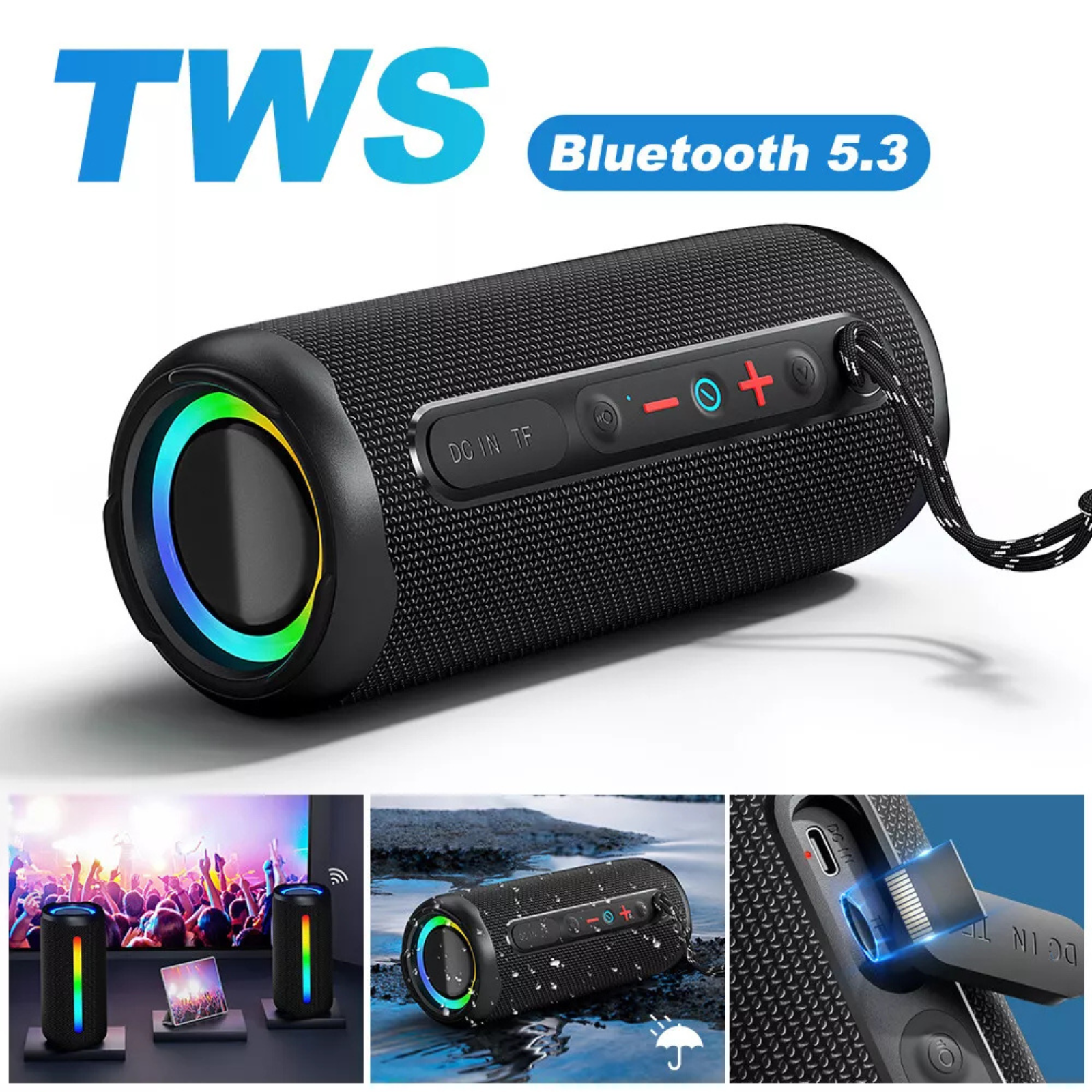 Stereo Bass Subwoofer Music Wireless Outdoor Portable TWS Bluetooth RGB Speaker