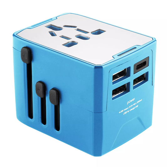 Travel Adapter 3 USB &Type-C Outlet International Universal Converter Plug Blue