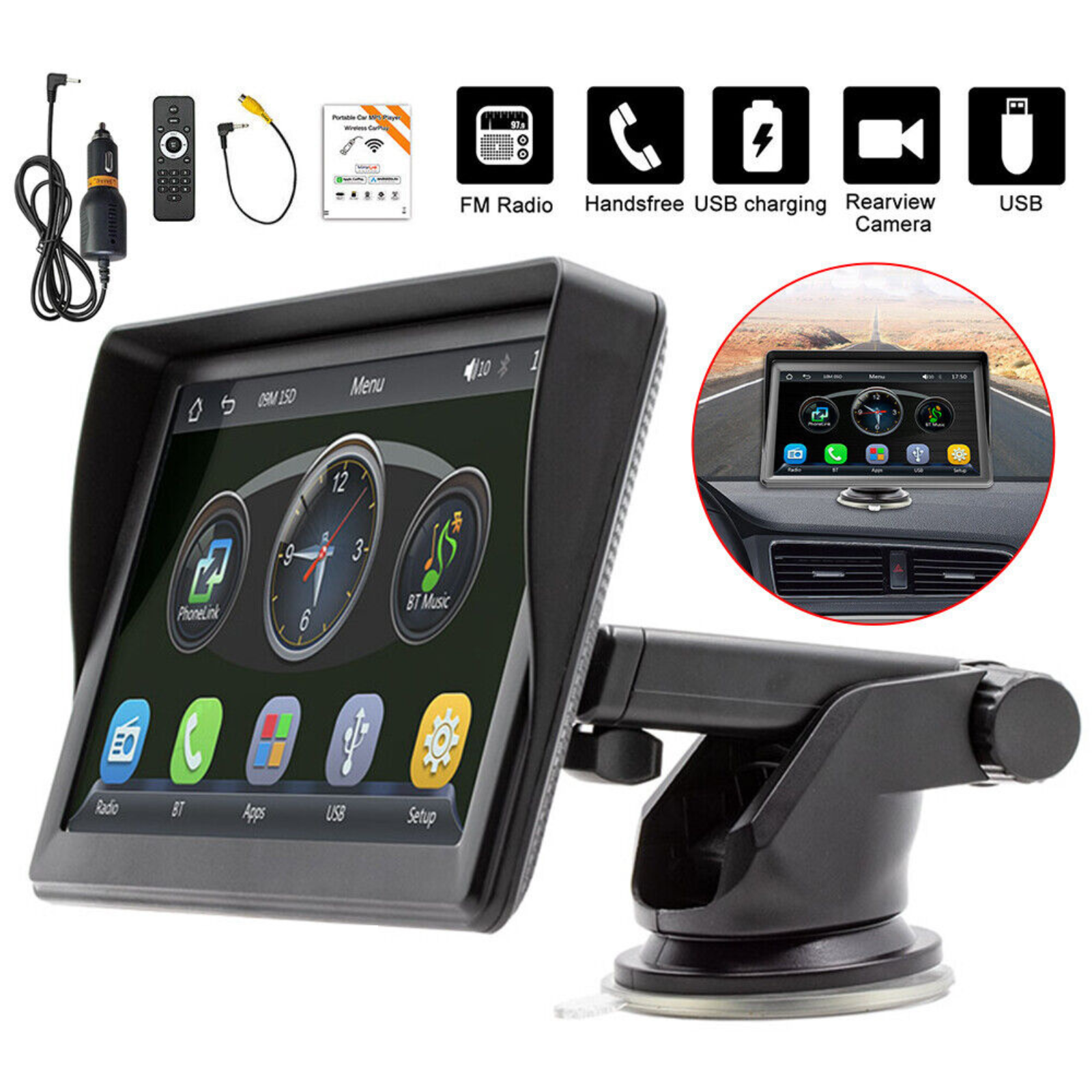 Carplay Android Apple Auto Car  7" Portable Wireless Stereo Radio Head Unit