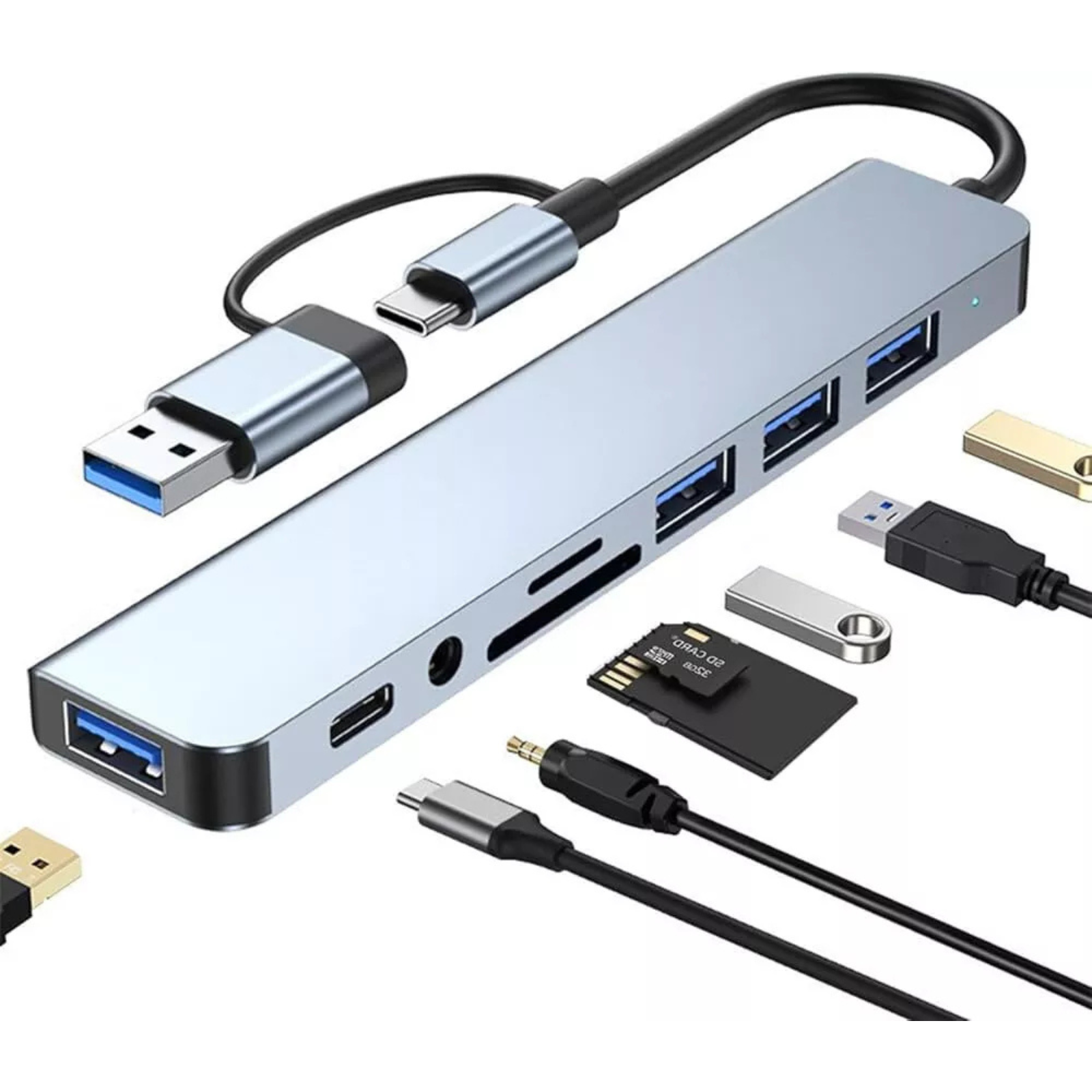 Multifunction Splitter Docking Station 8 in 1 Type C & USB-3 Connector