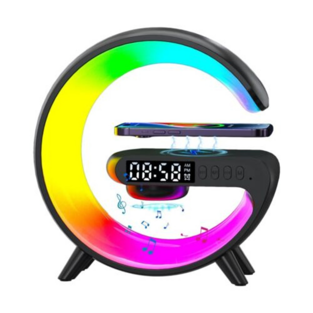 Black RGB Alarm Clock Night Light Bluetooth Speaker Wireless Charger - G Lamp
