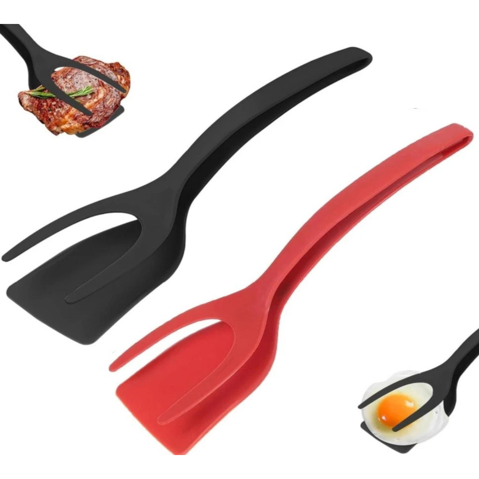 2 in 1 Grip Flip Egg Flipper Spatula Tongs Kitchen Cooking Tool 2x Set