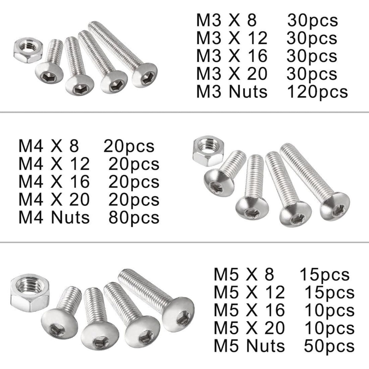 Nuts Screws Hex Head M3/M4/M5 Assorted Kit 500pcs Stainless Steel Bolts Set