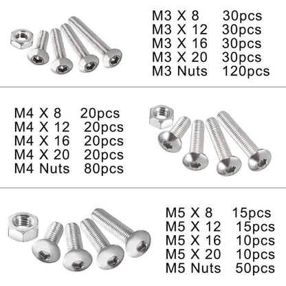 Nuts Screws Hex Head M3/M4/M5 Assorted Kit 500pcs Stainless Steel Bolts Set