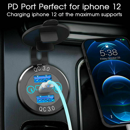 QC 3.0 Charger 12V 24V Power Outlet Socket PD Type C Dual USB Car Charger Blue