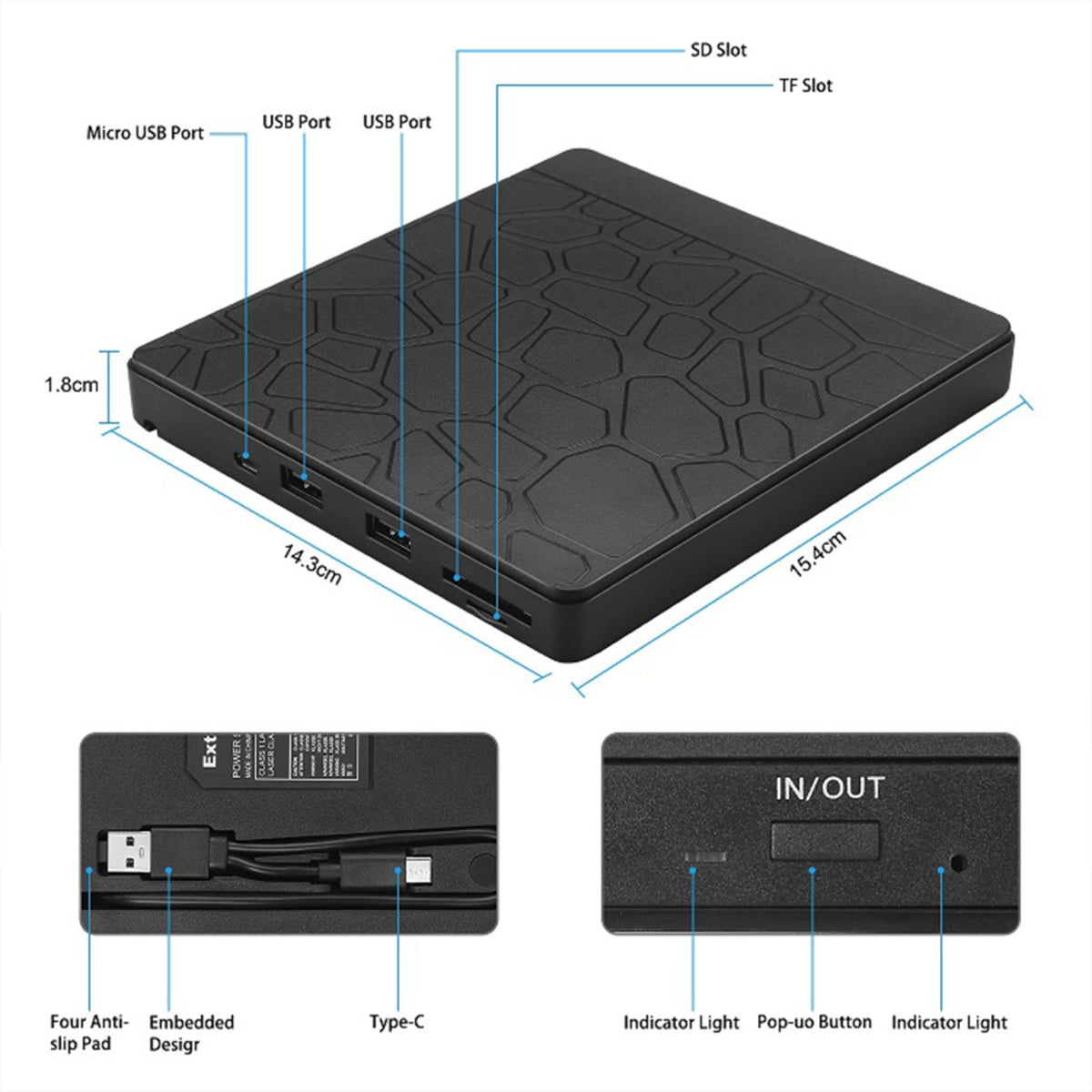 External Drive USB-C Player CD DVD Reader 3.0 Burner Hub/Slim PC 5 in 1 Writer