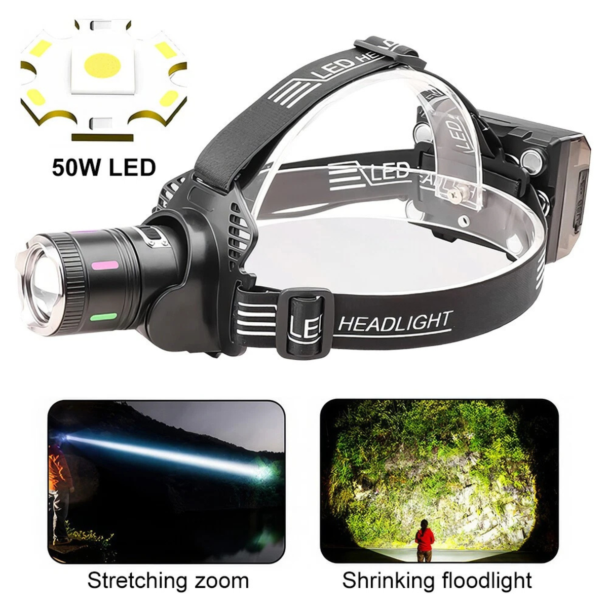 Rechargeable LED Headlamp USB-C Sensor Zoomable 50W Head Torch Light