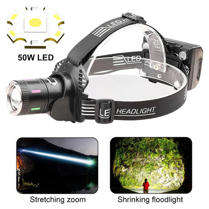 Rechargeable LED Headlamp USB-C Sensor Zoomable 50W Head Torch Light
