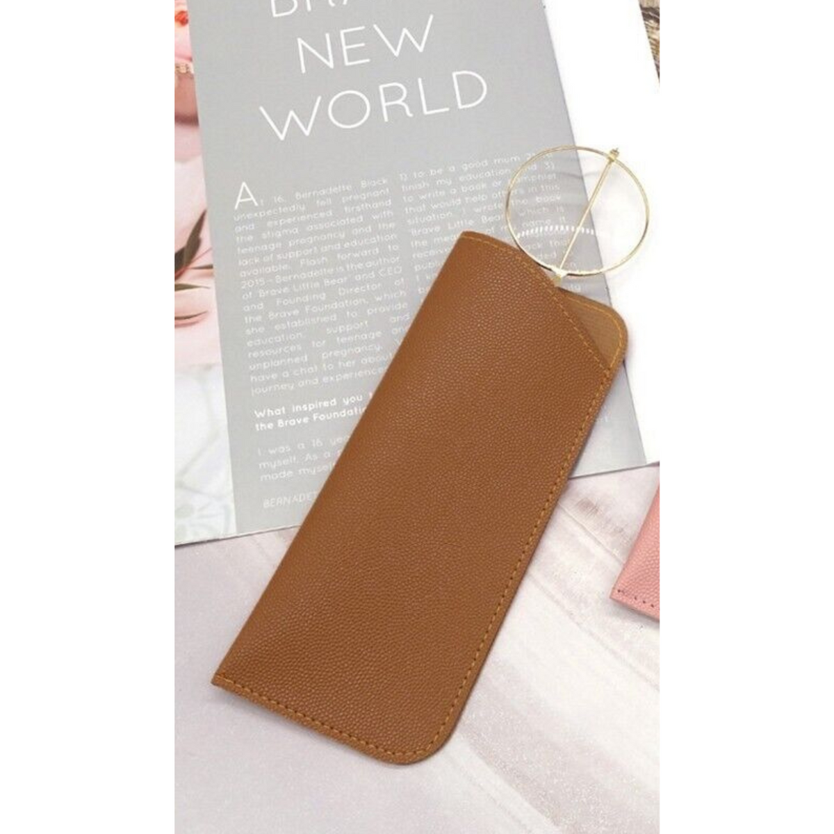 Soft Pouch Bag Pocket Leather Eyeglass Sunglasses Reading Glasses Case Brown