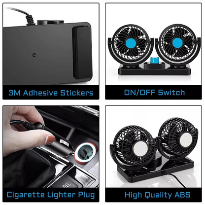 Car Portable Fan Dual Head Truck Vehicle Cooling Tool 360° Rotatable
