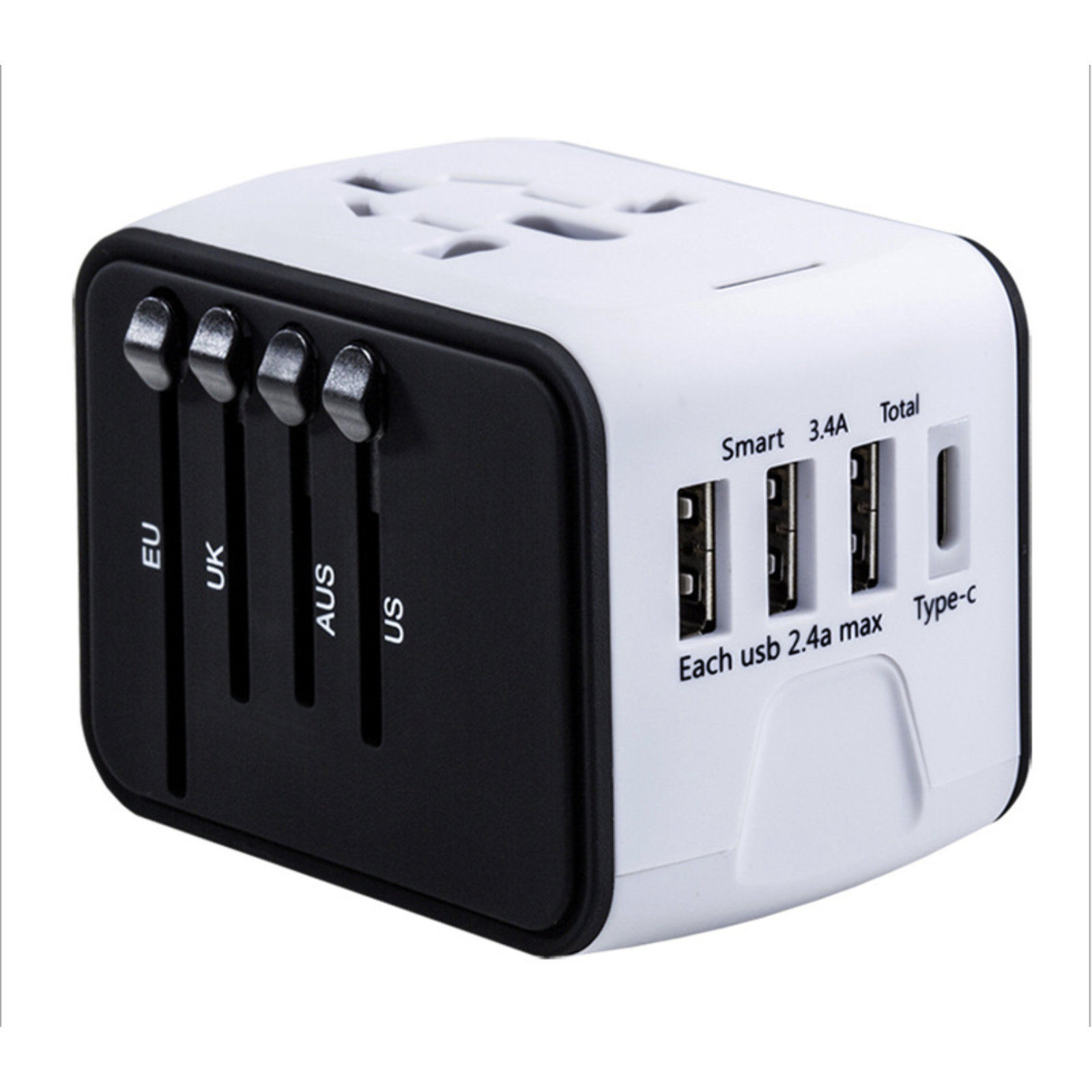 Universal International Travel AC Power Adapter Plug With 3 USB+ Type C White