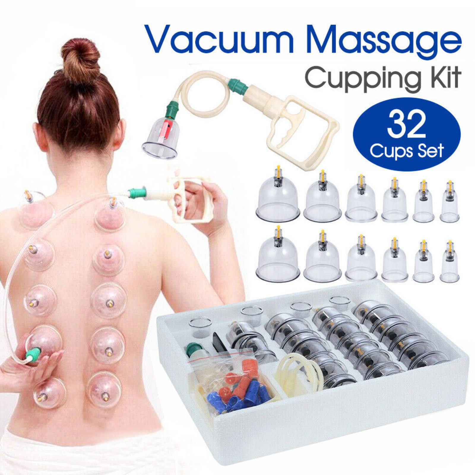 Acupuncture Suction Massager 32 Cups Set Vacuum Massage Cupping Kit Pain Relief