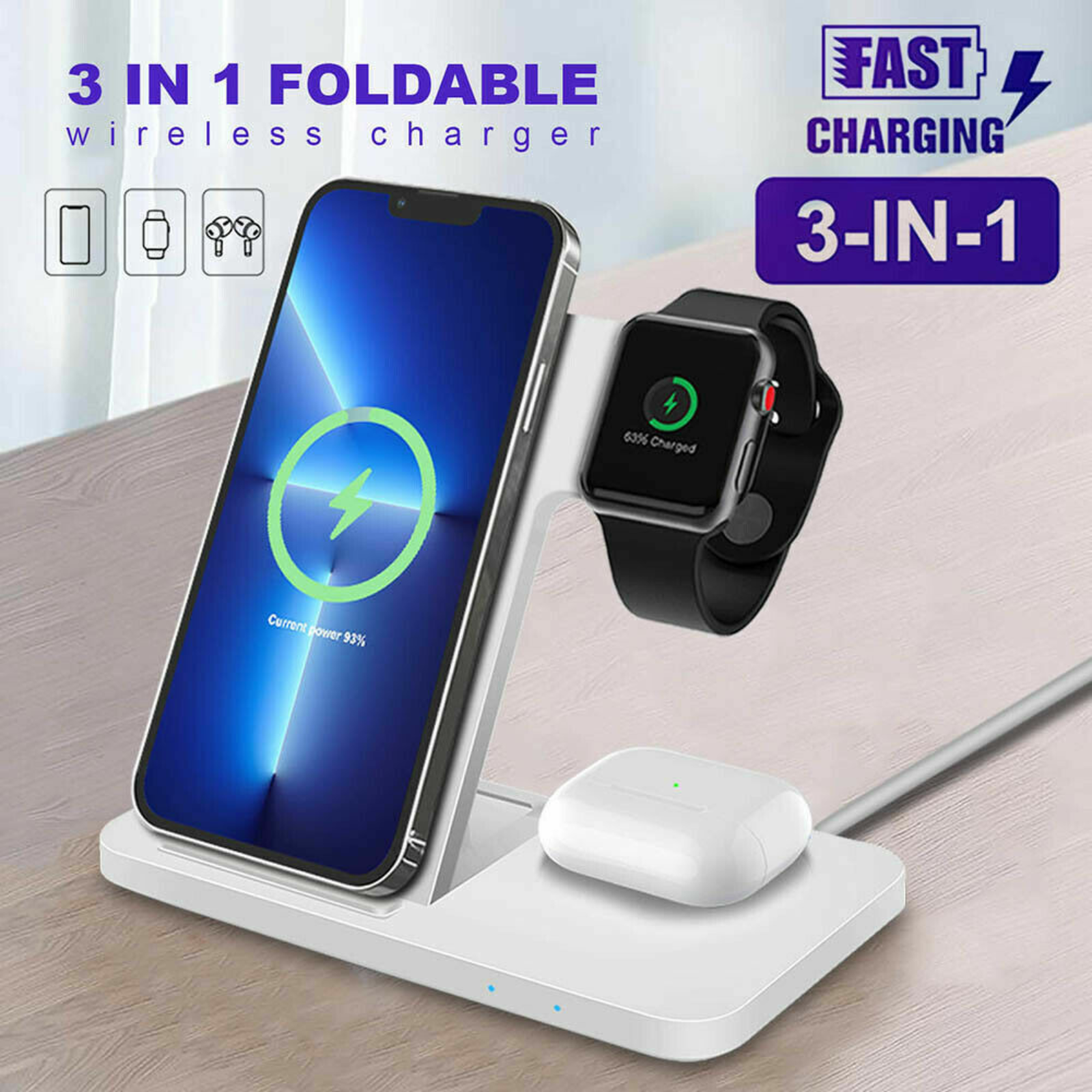 3 in 1 White Foldable Wireless Dock Charger Apple Watch iPhone 15 Pro 14 13 XS