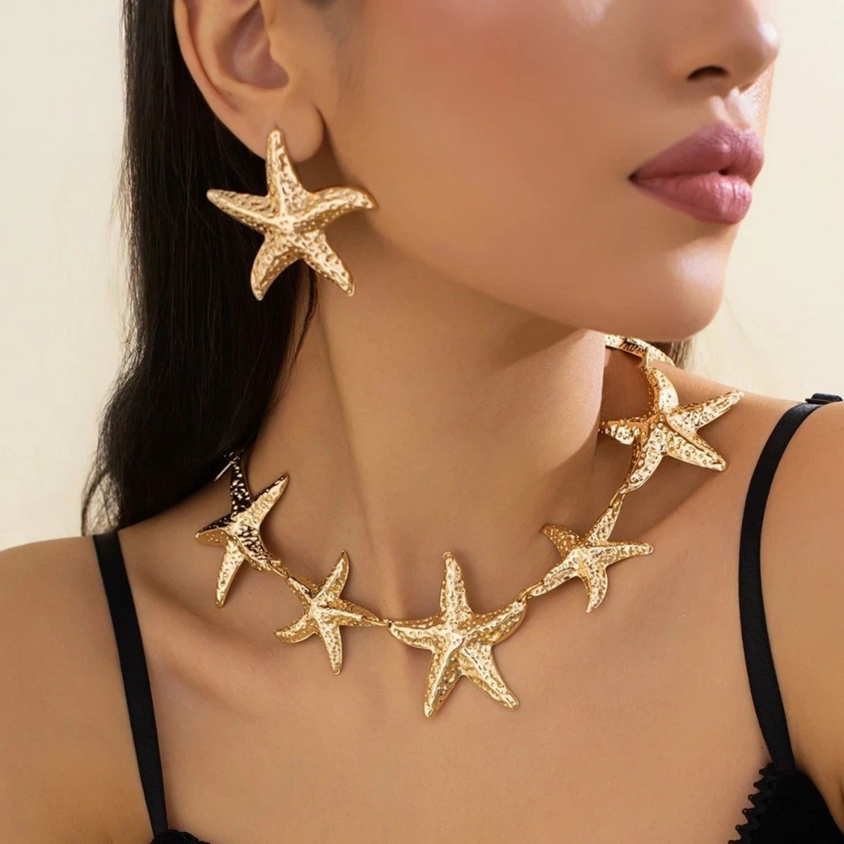 Choker Punk Necklace Metal Stud Earrings Gold Set Trendy Edgy Fashion Accessory