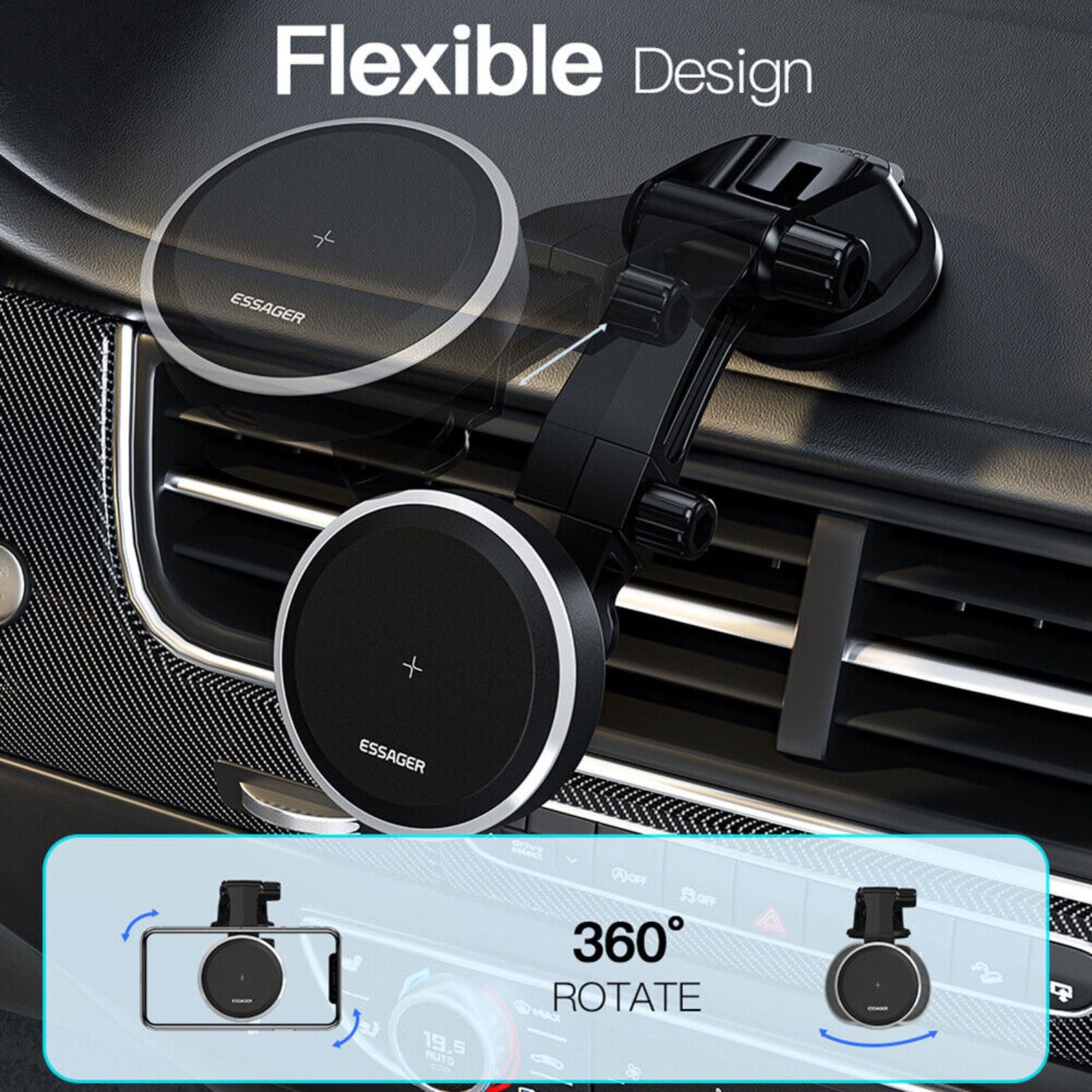 15W RGB Magnetic Charger Stand Suction Cup Car Mount Phone Holder