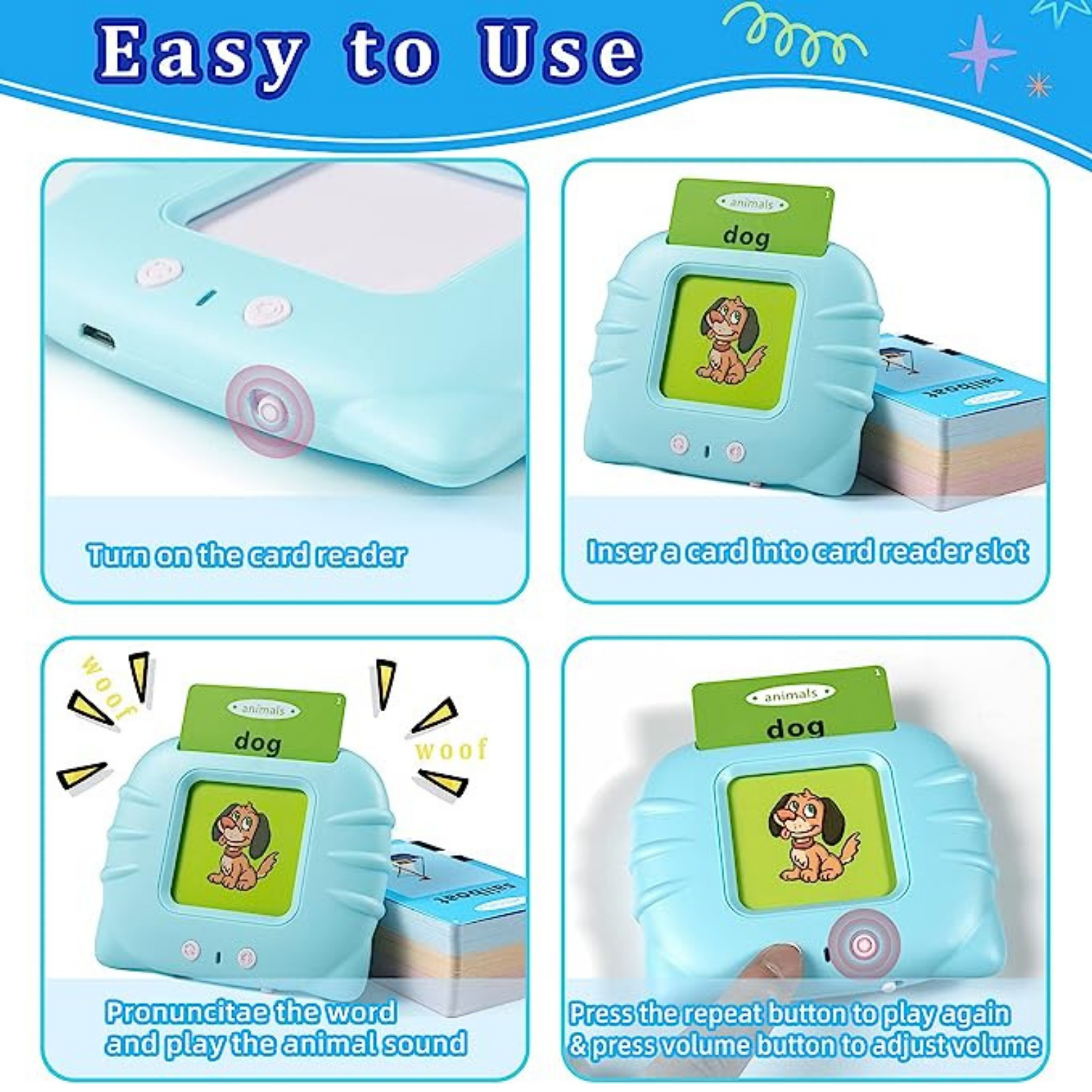 Toddlers Preschool Words Learning Talking  Flash Cards Toy Blue